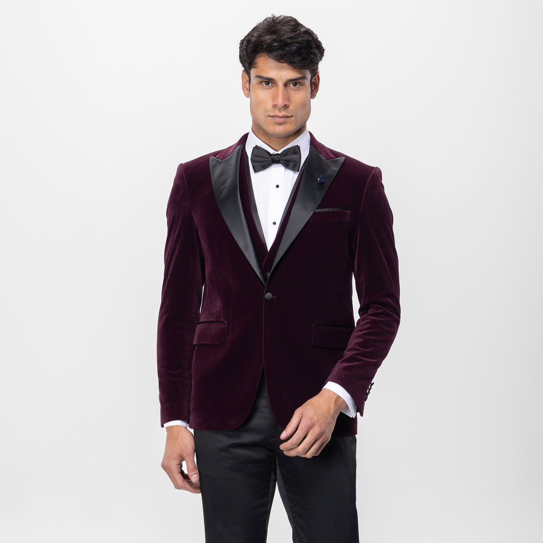 Slim Fit Velvet Bordo Tuxedo Suit - Turkish made

