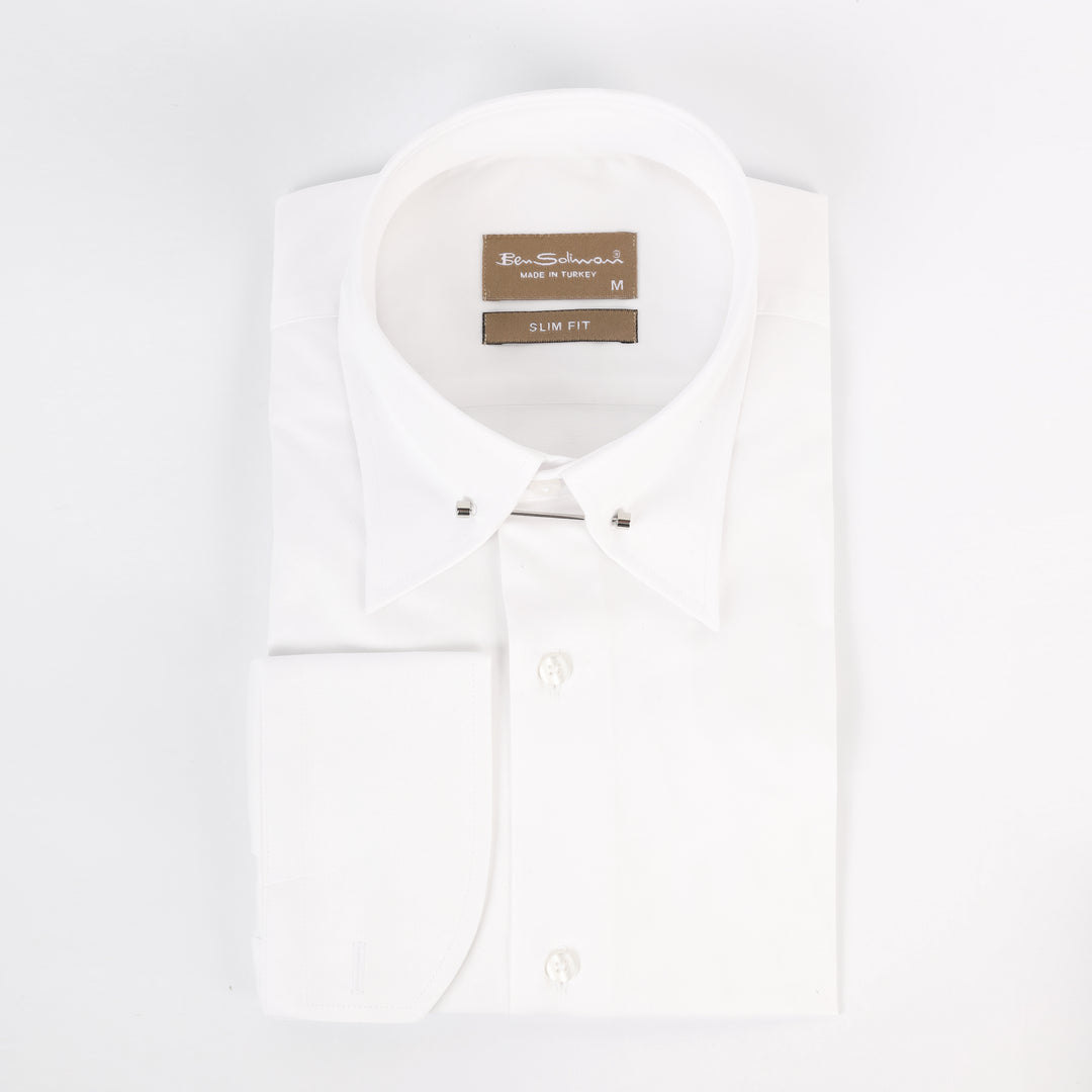 Slim Fit Whiite Cotton Shirt - lapel pin-Turkish Made