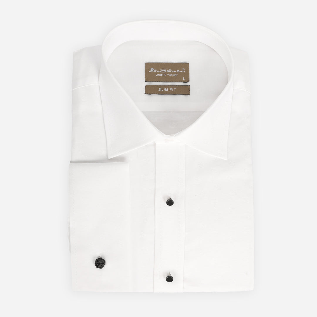 Slim Fit White Cotton Shirt - Floral Pattern-Turkish Made