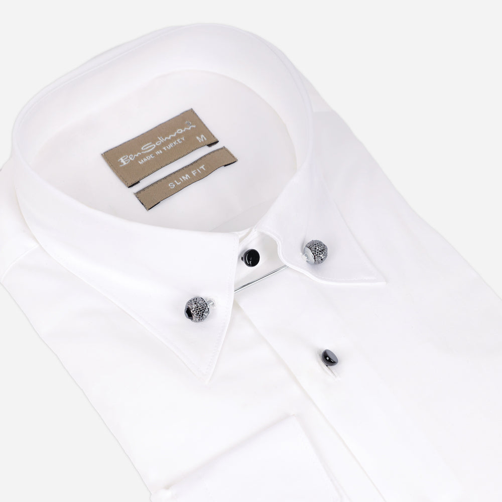 Slim Fit White Cotton Shirt - Pin Collar-Turkish Made