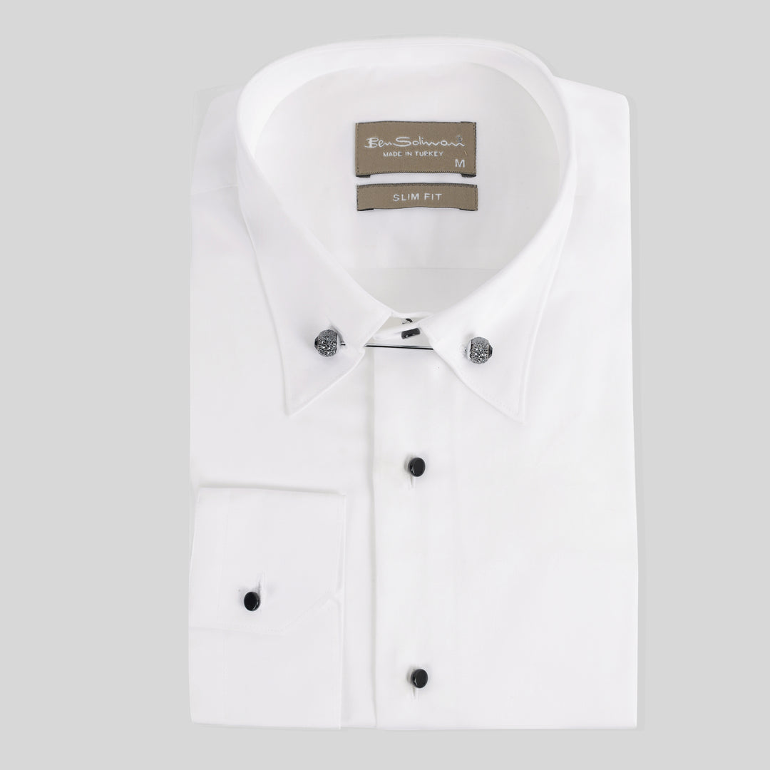 Slim Fit White Cotton Shirt - Pin Collar-Turkish Made