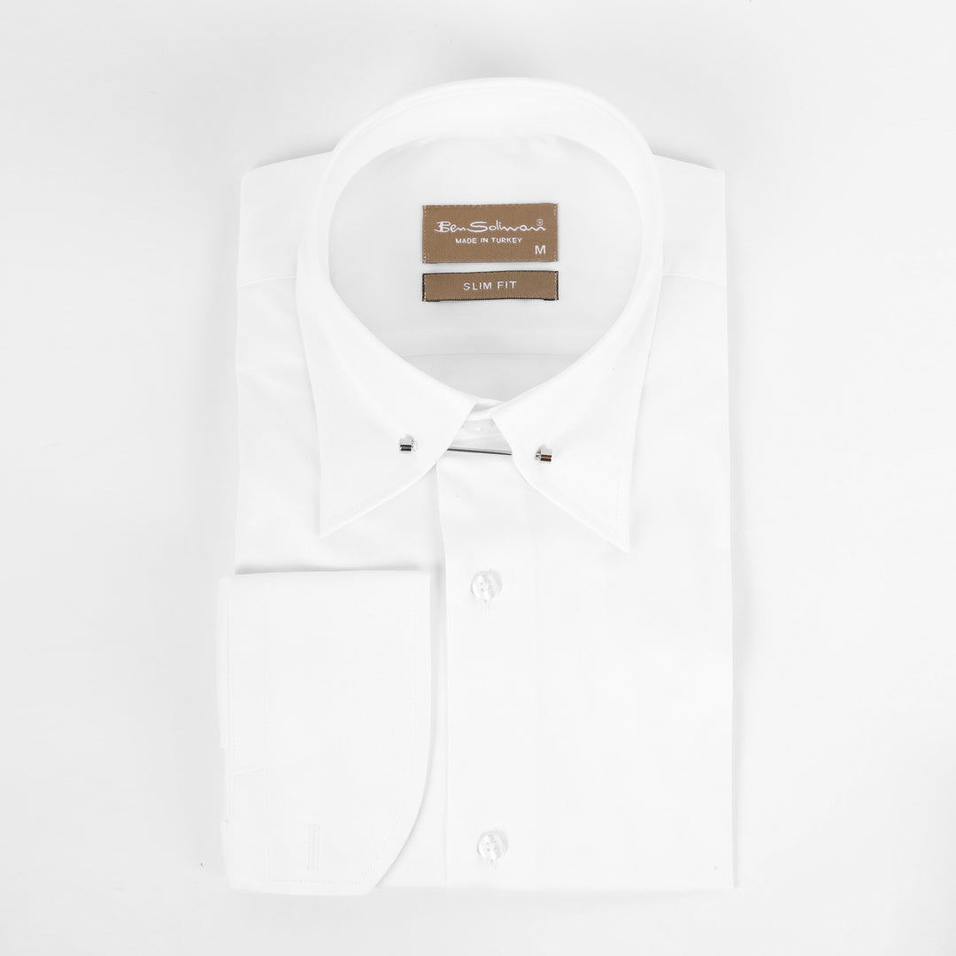 Slim Fit White Cotton Shirt - lapel pin-Turkish Made