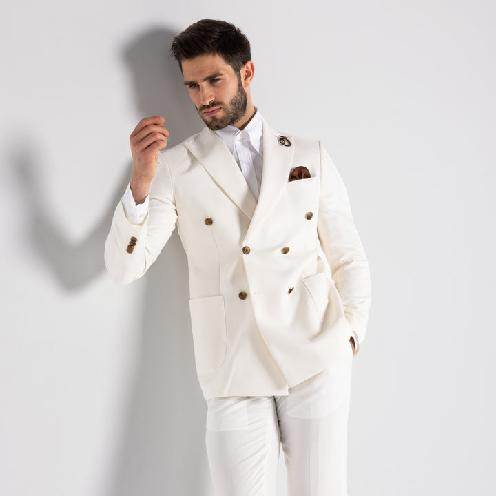 Slim Fit White Double Breast Smart Suit-Turkish Made