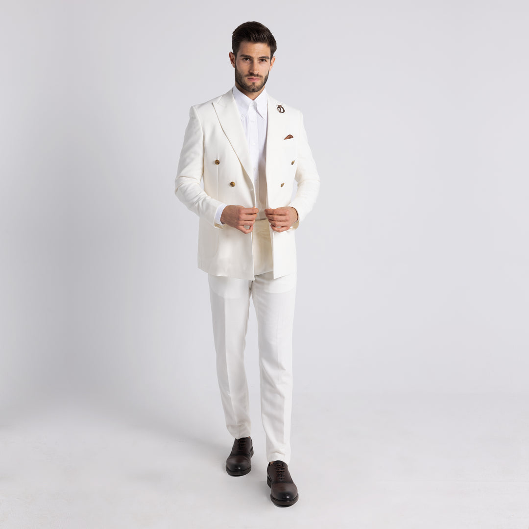 Slim Fit White Double Breast Smart Suit-Turkish Made