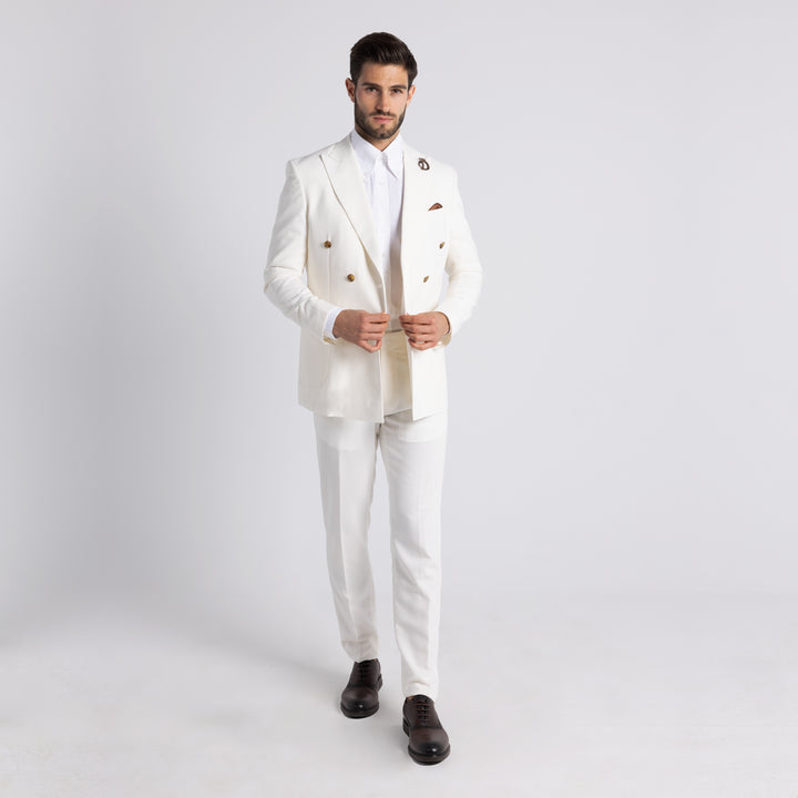 Slim Fit White Double Breast Smart Suit-Turkish Made