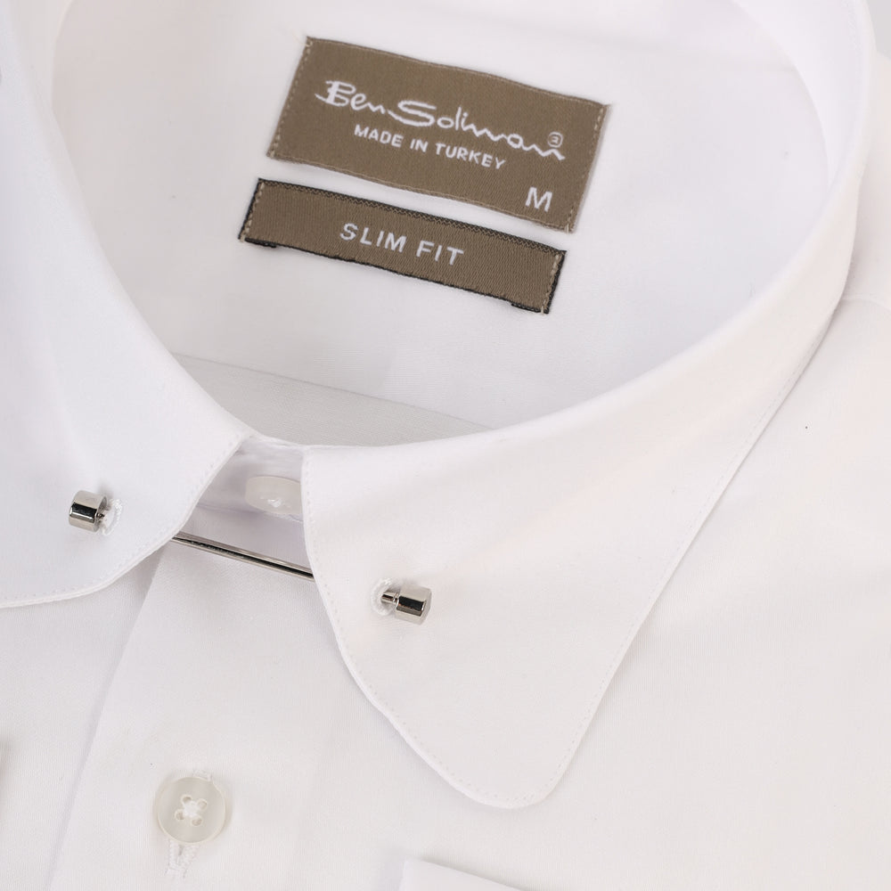 Slim Fit White Double cuff Cotton Shirt - lapel pin-Turkish Made