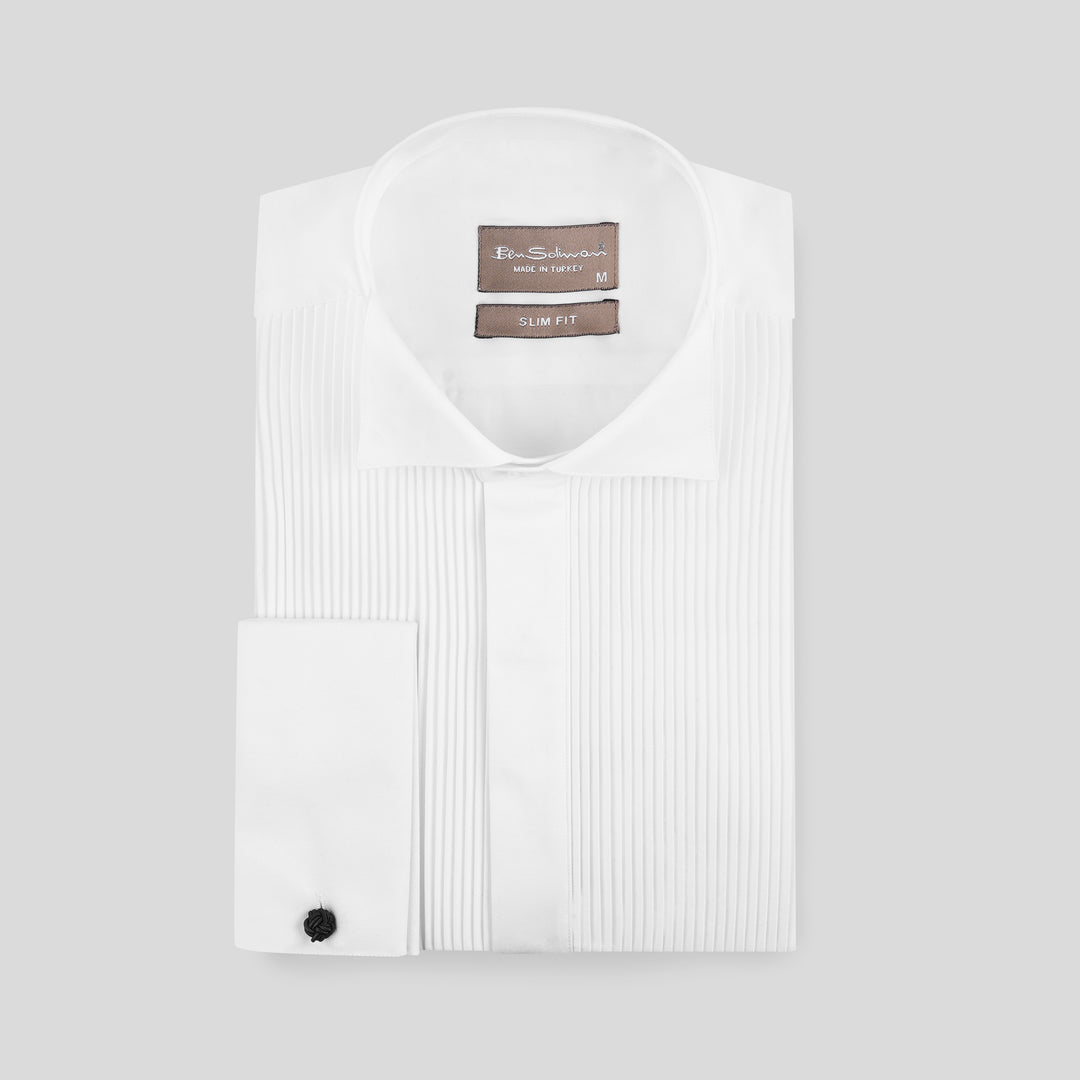 Slim Fit White Pleated Hidden Tuxedo Shirt-Turkish Made