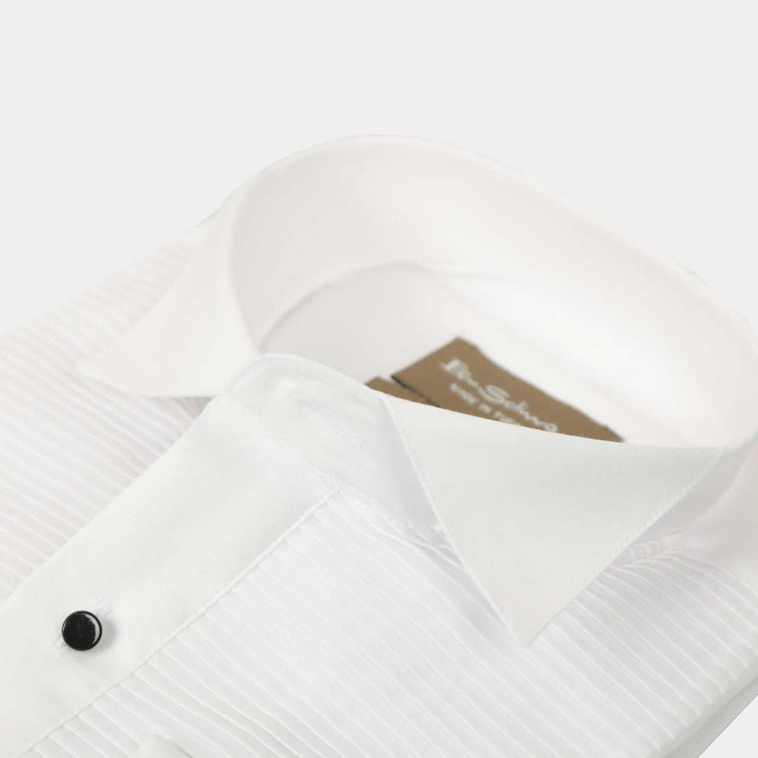 Slim Fit White Pleated Tuxedo Shirt-Turkish Made