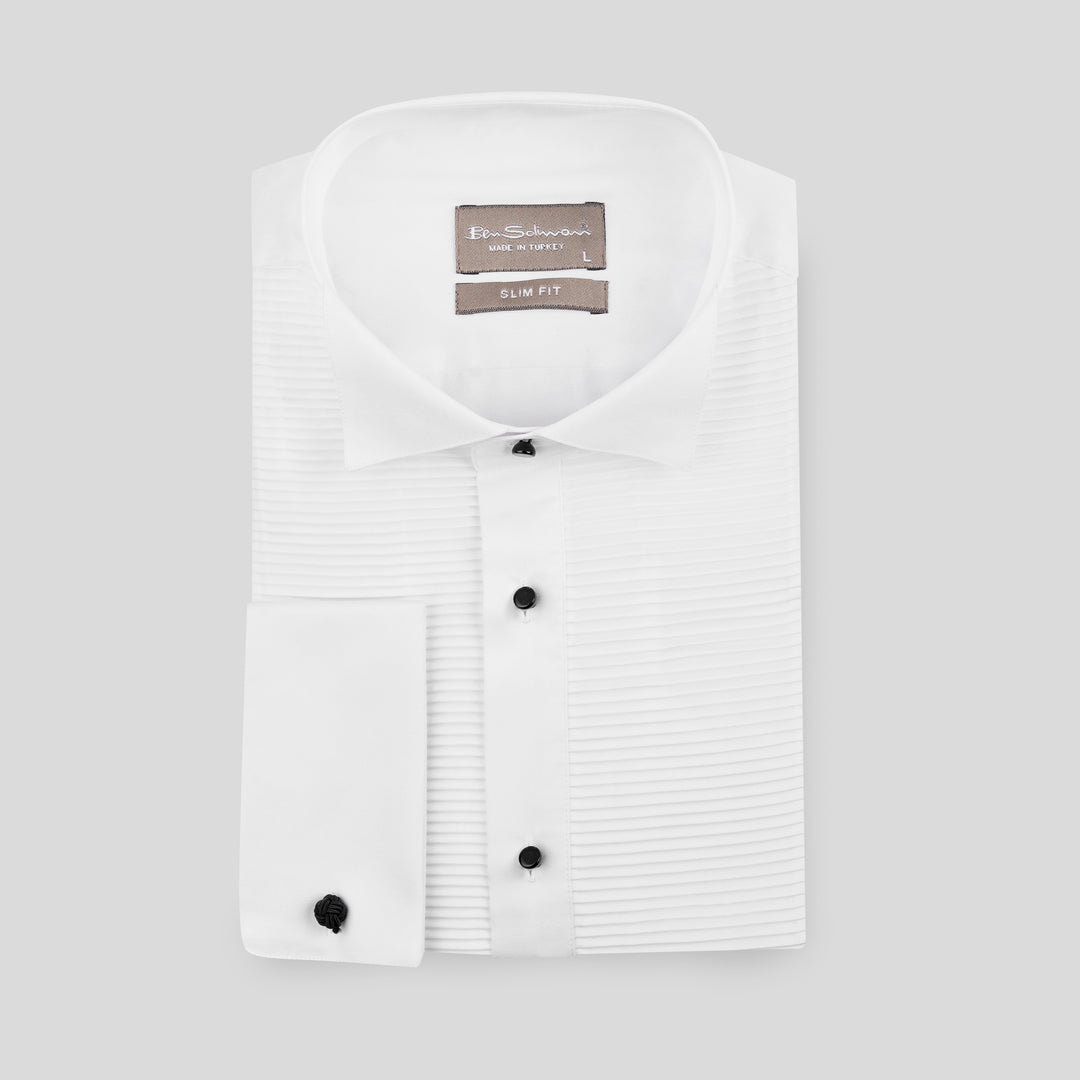 Slim Fit White Pleated Tuxedo Shirt-Turkish Made