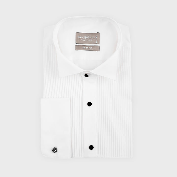 Slim Fit White Pleated Tuxedo Shirt-Turkish Made