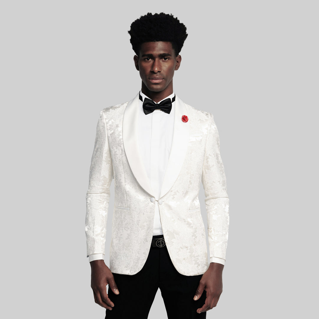 Slim Fit White Tuxedo Suit - Floral Pattern-Turkish Made