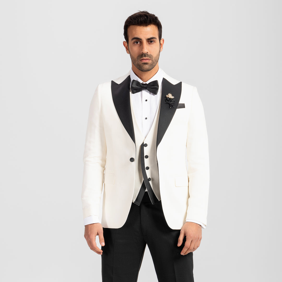 Slim Fit White Tuxedo Suit - Satin Notch Lapel-Turkish Made

