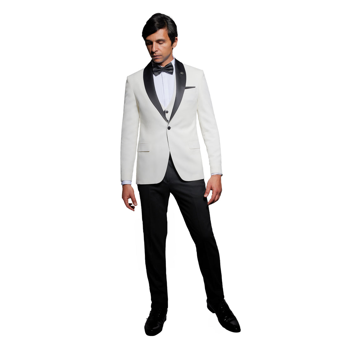 Slim Fit White Tuxedo Suit - Shawl Lapel-Turkish Made
