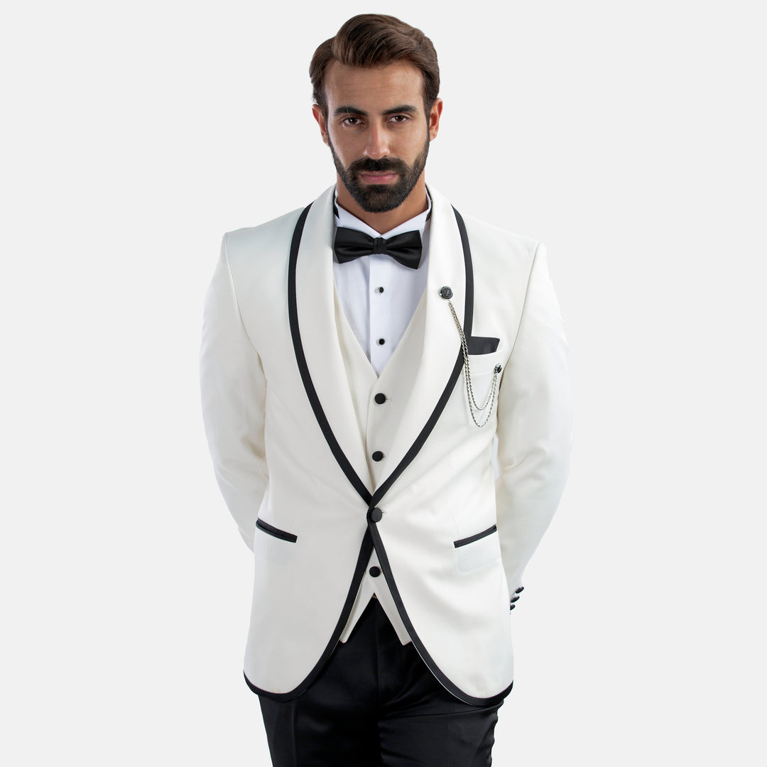 Slim Fit White Wedding Jacket - Shawl Lapel-Turkish Made