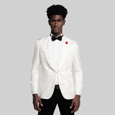 Slim fit White Tuxedo Suit -Floral pattern 