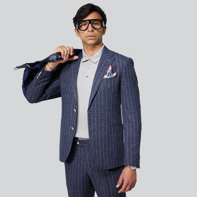 Striped Navy Linen Smart Suit