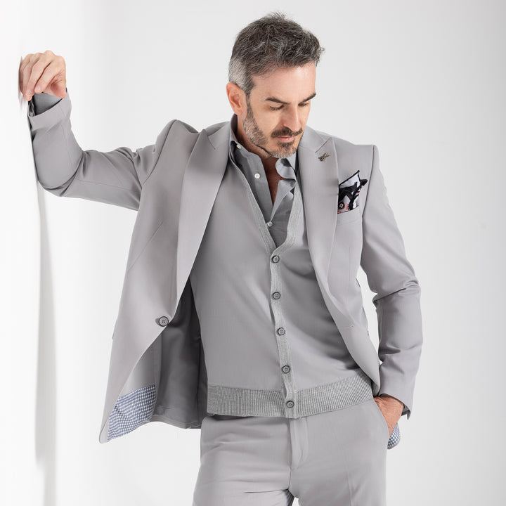 Slim-fit gray suit - vest enhanced with knit fabric- Turkish made