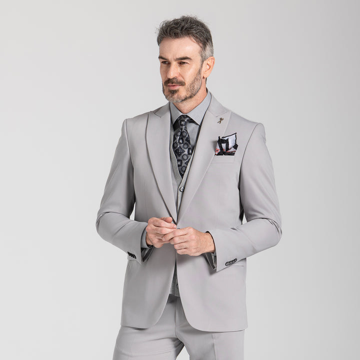 Slim-fit gray suit - vest enhanced with knit fabric- Turkish made