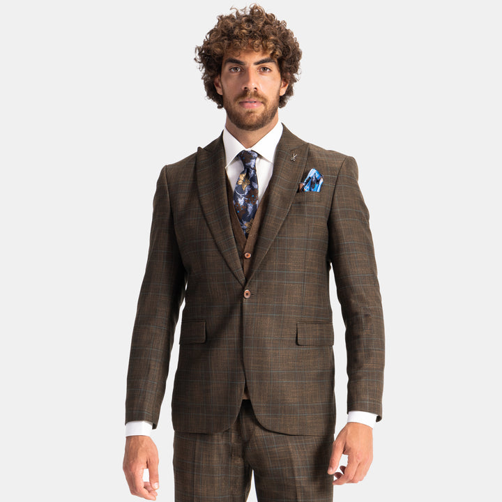 Slim-fit Brown Pattern suit - vest enhanced with knit fabric- Turkish made