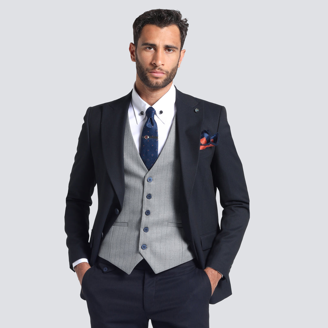 Slim Fit Navy Smart Suit - With Gray Vest