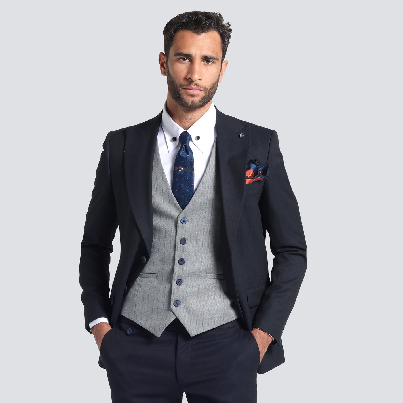 Slim Fit Navy Formal Suit - With Gray Vest