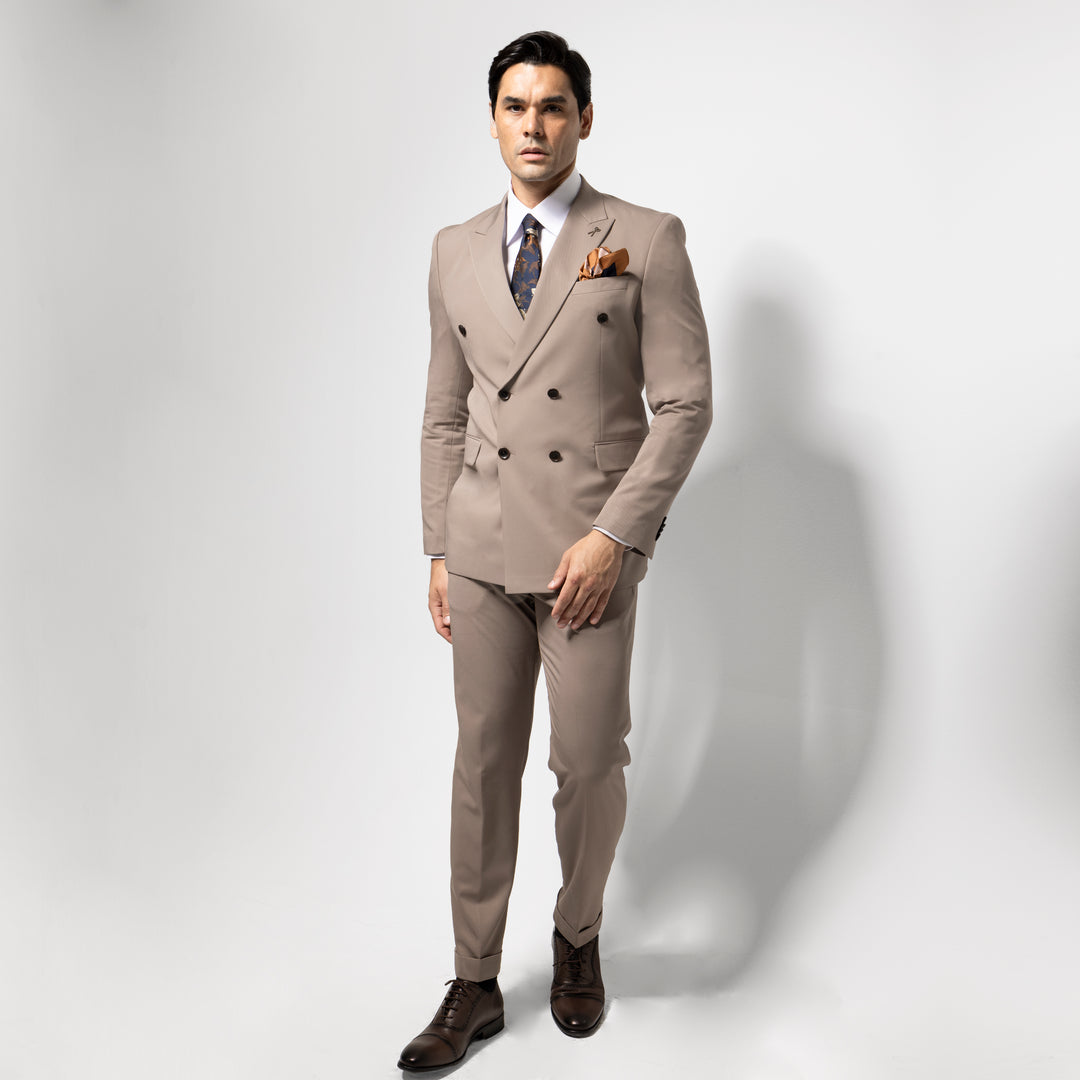 Slim Fit Biege Double Breasted Smart Suit - Turkish made