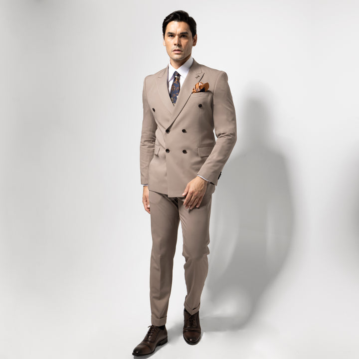 Slim Fit Biege Double Breasted Smart Suit - Turkish made