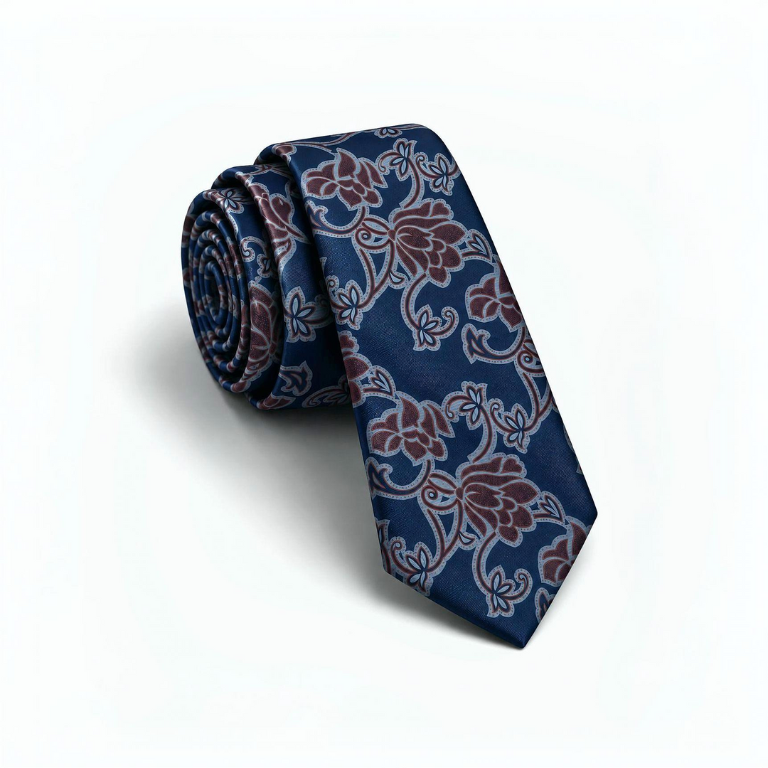 Navy Tie with Burgundy & Grey Floral Pattern