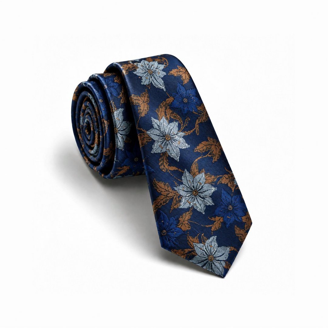Navy Tie with Blue, Grey & Brown Floral Pattern