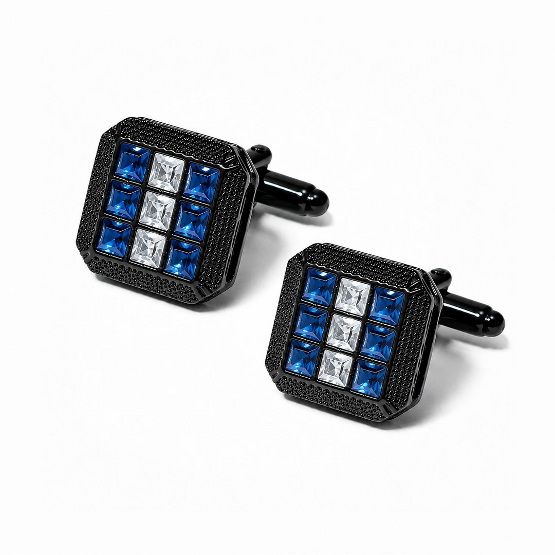 Black Square Cufflinks with Blue and White Stones - Turkish made