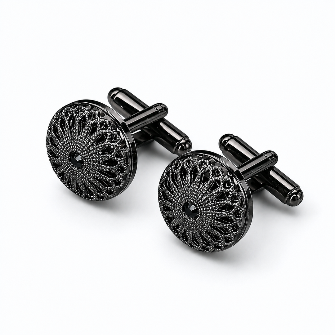 Black Floral Pattern Cufflinks - Turkish Made