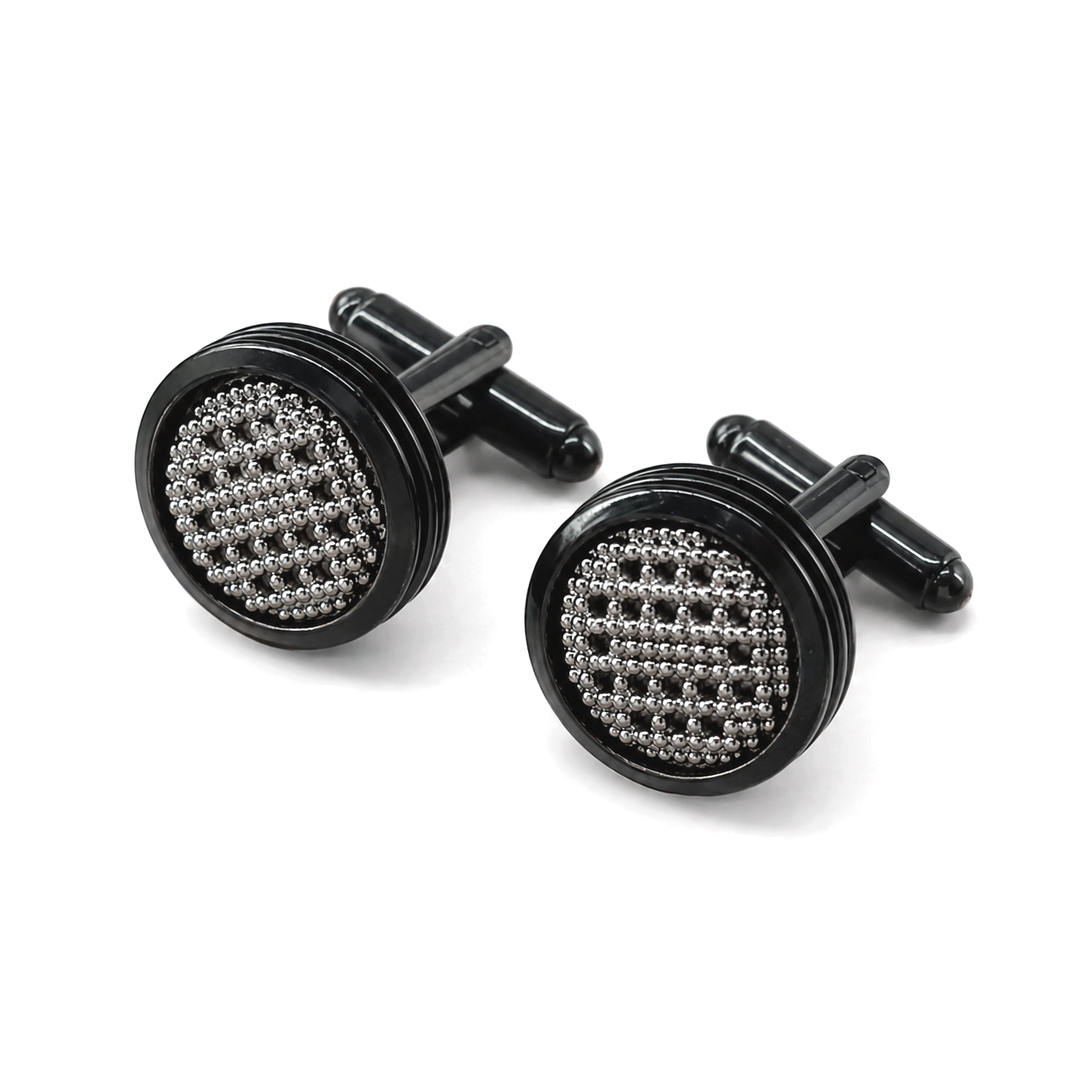 Black Round Cufflinks with Silver Beaded Detail - Turkish made