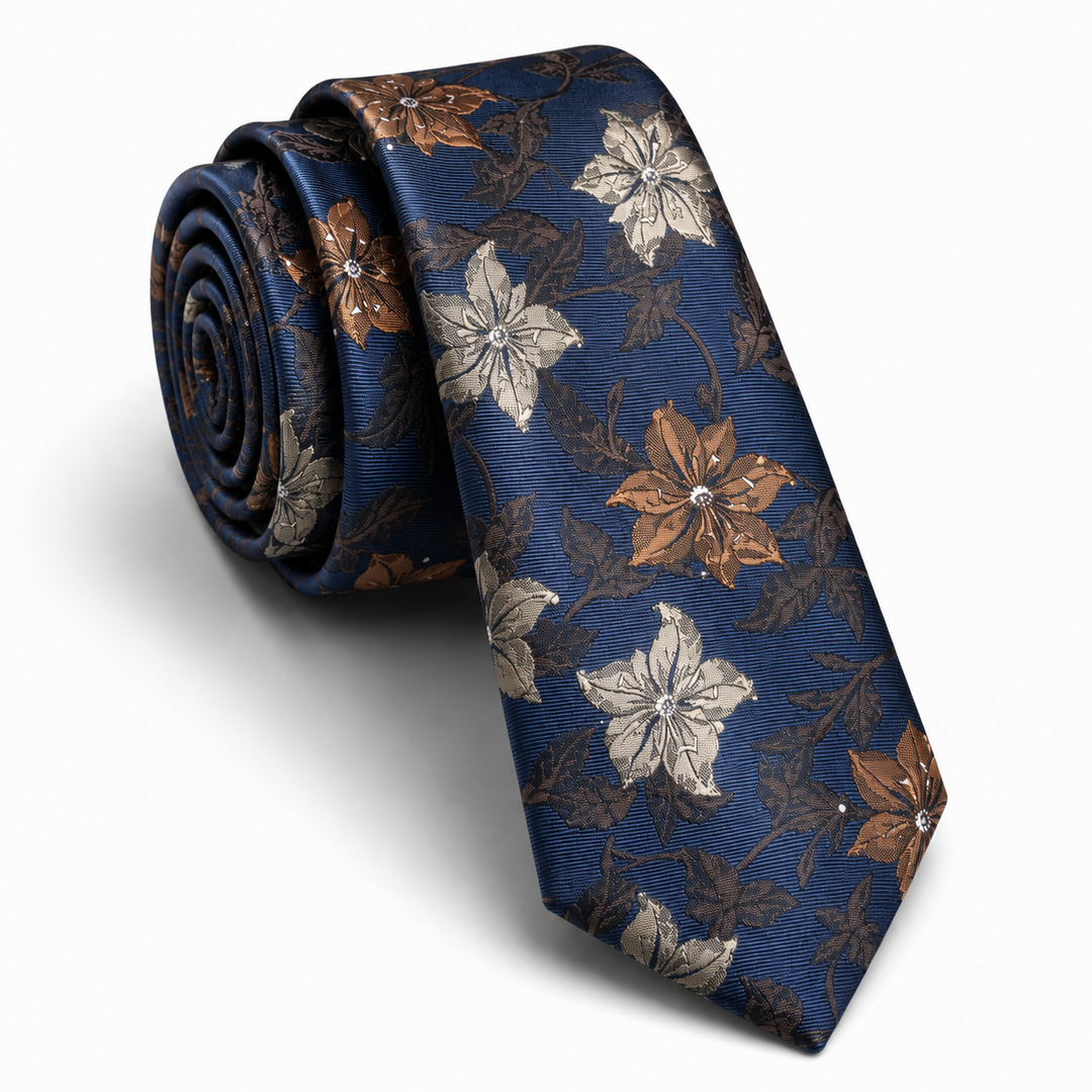 Navy Tie with Brown and Beige Floral Pattern - Turkish made