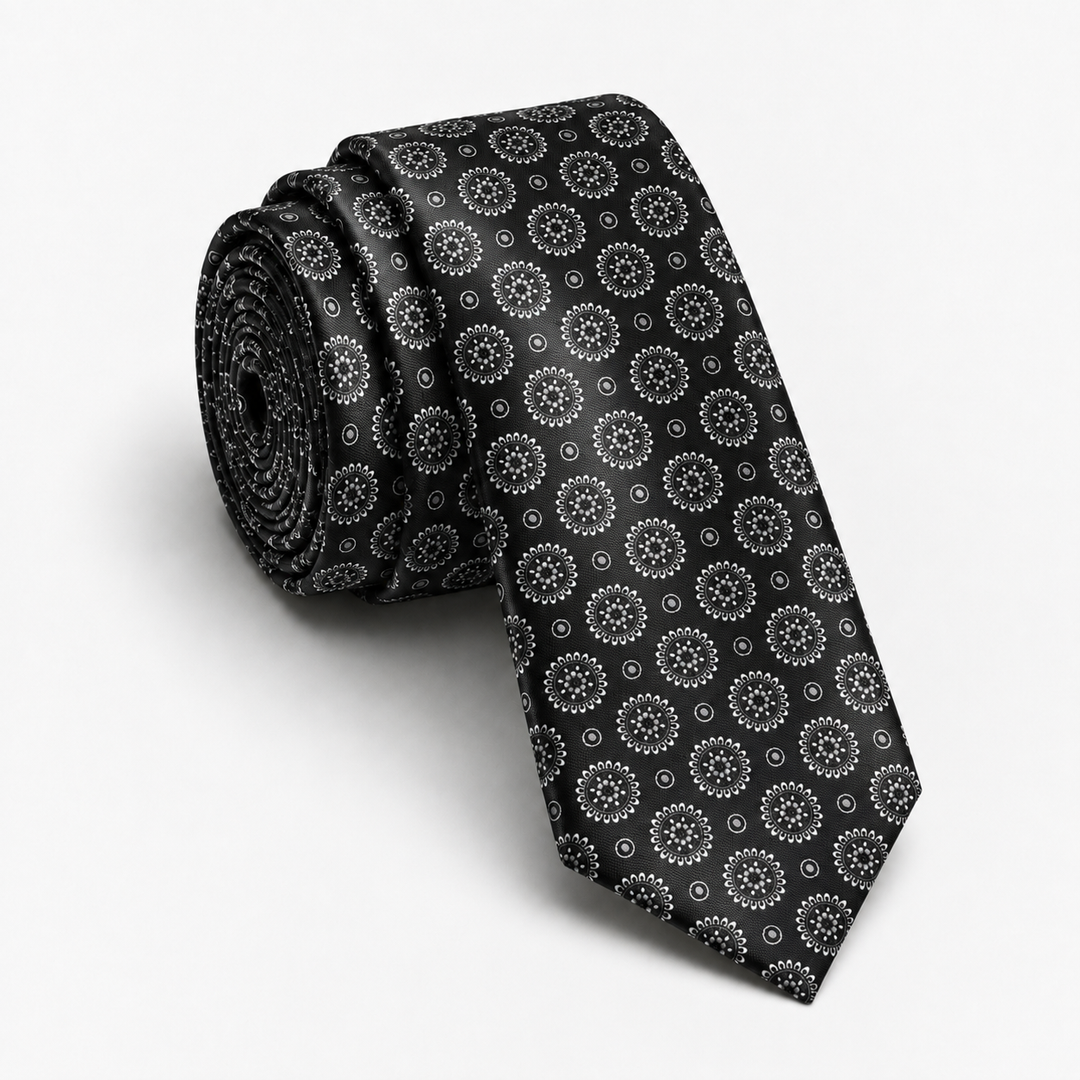 Black Tie with White Medallion Pattern - Turkish made