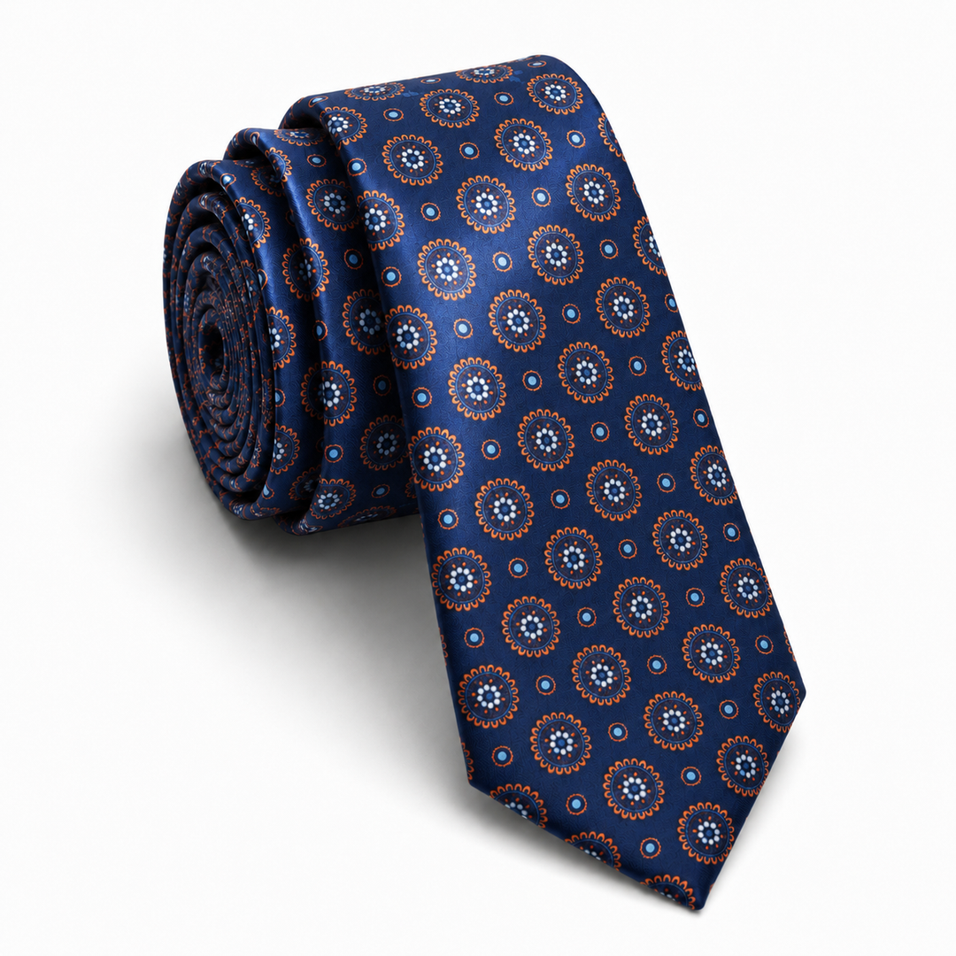 Navy Tie with Orange Medallion Pattern - Turkish made