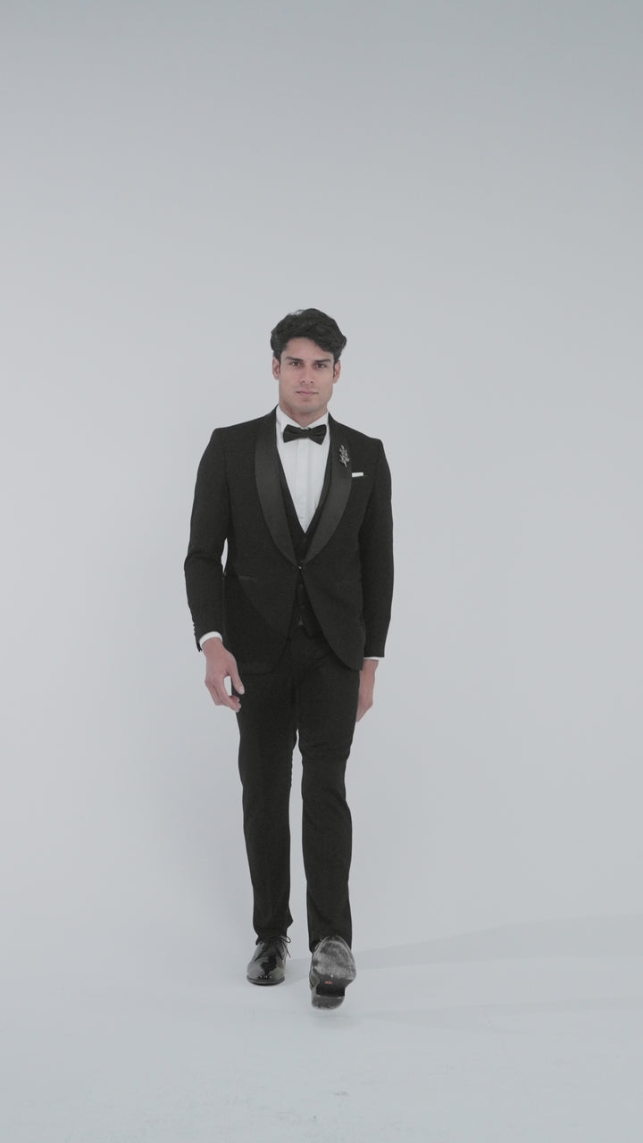 Slim Fit Black Wedding Suit -Satin Shawl Lapel-Turkish Made