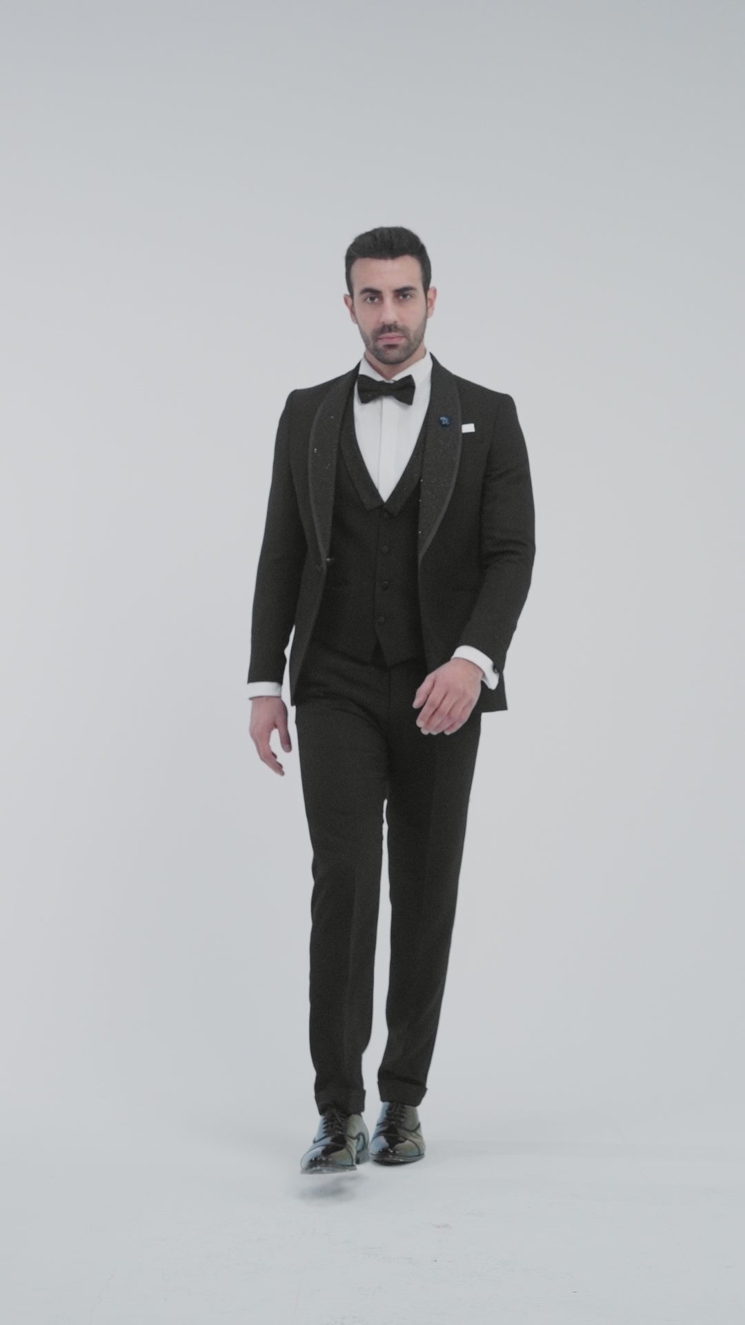 Slim Fit Black Wedding Suit - Shawl Lapel Full Of Glitter-Turkish Made