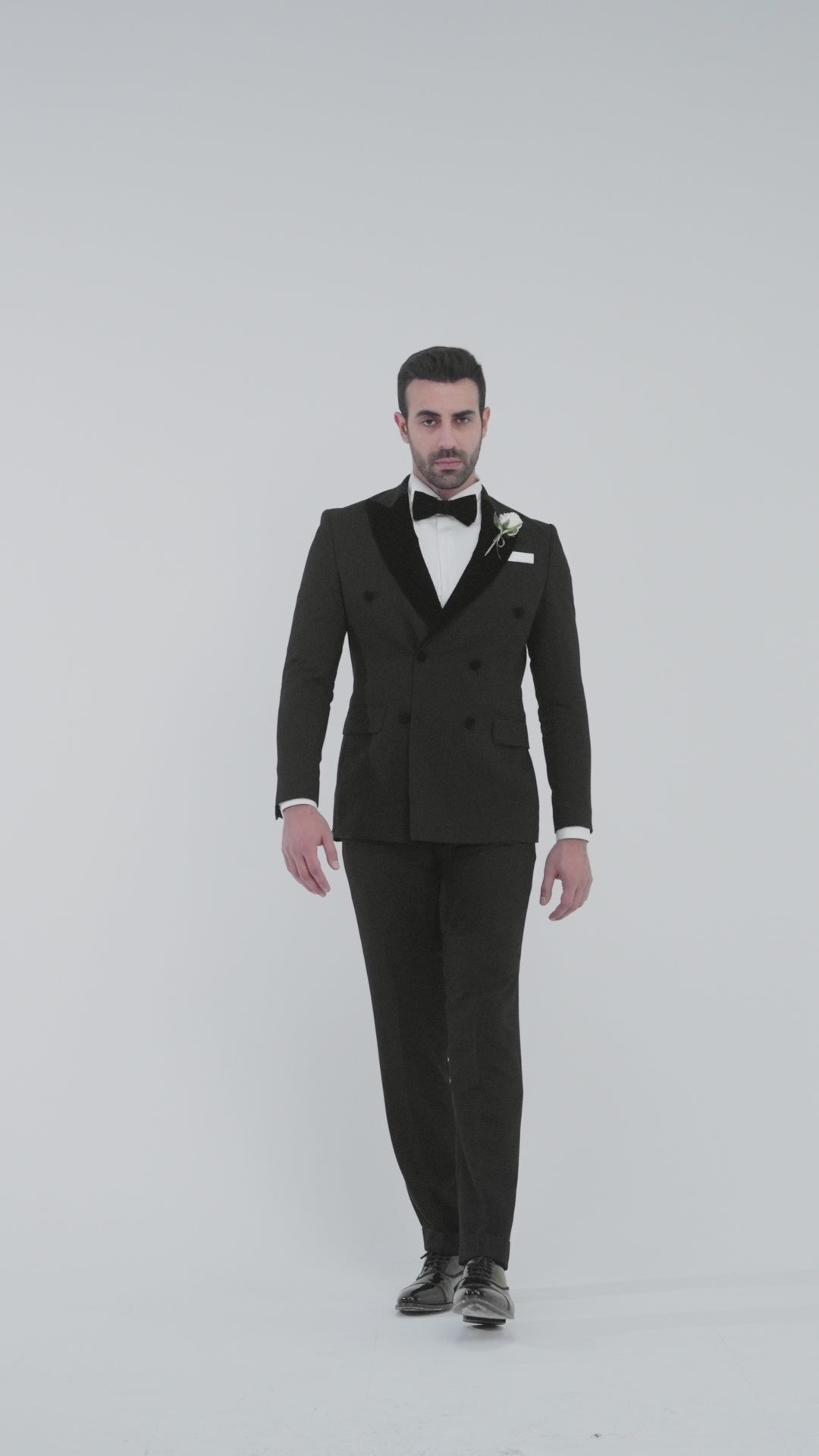 Slim Fit Double Breasted Black Wedding Suit - Notch Velvet Lapel-Turkish Made