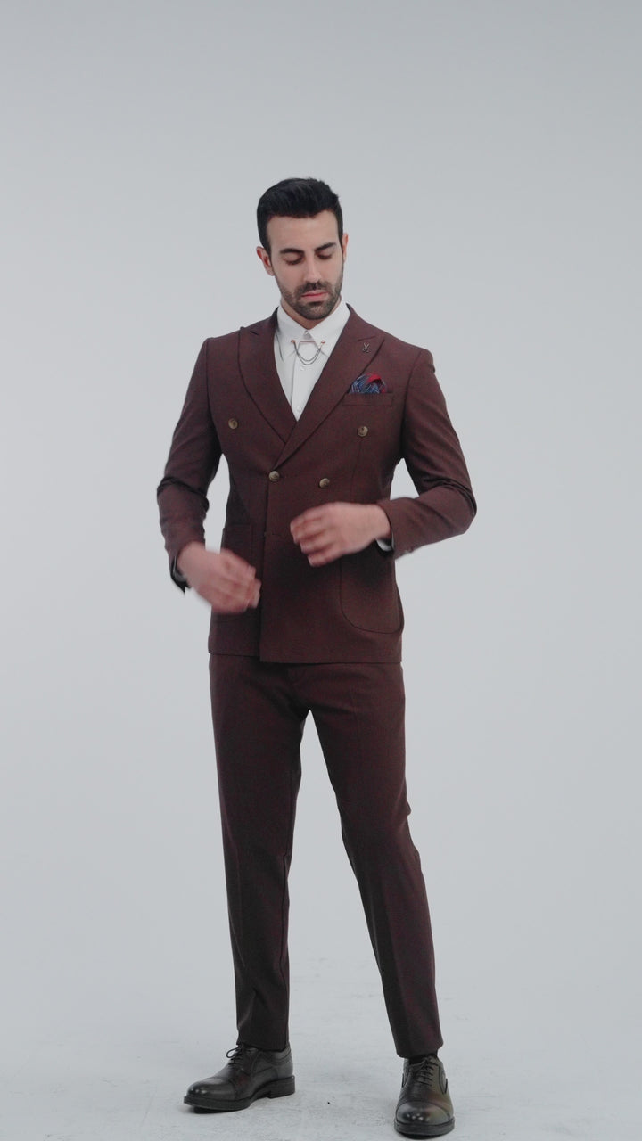 Slim Fit Brown Double Breasted Smart Suit-Turkish Made