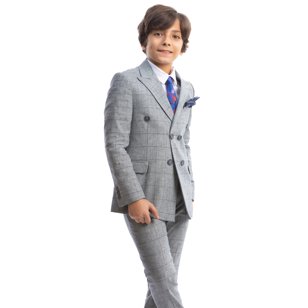 Gray Double Breasted Kids Suit-Turkish Made
